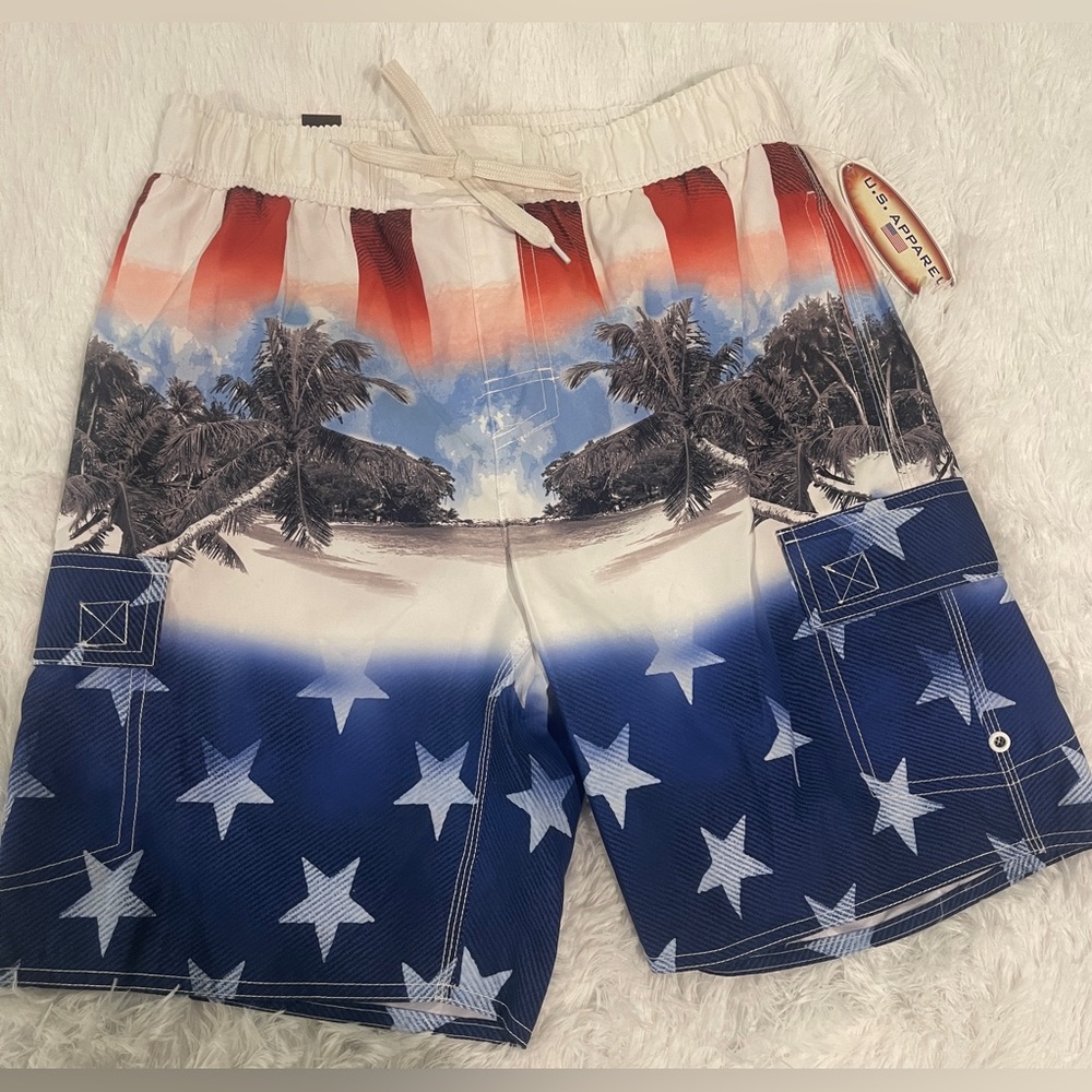 Freedom Beach Tropical American Flag Patriotic‎ Swim Board Shorts size S